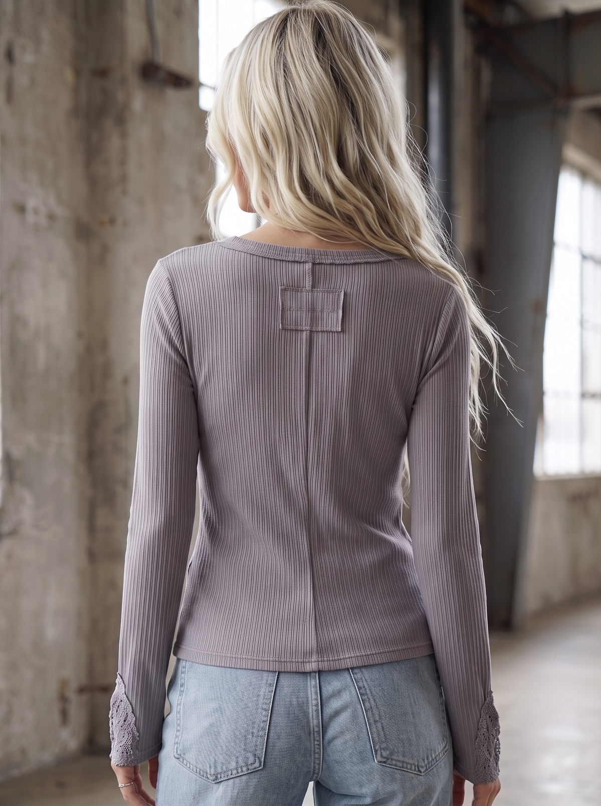 Very J Lace Sleeve Ribbed Top