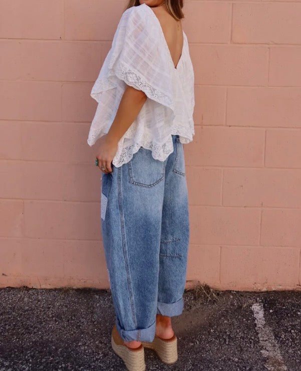 POL Lace Trim V Ruffle Top