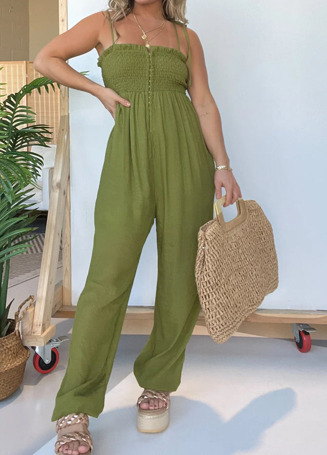 SMOCKED TIE STRAP JUMPSUIT