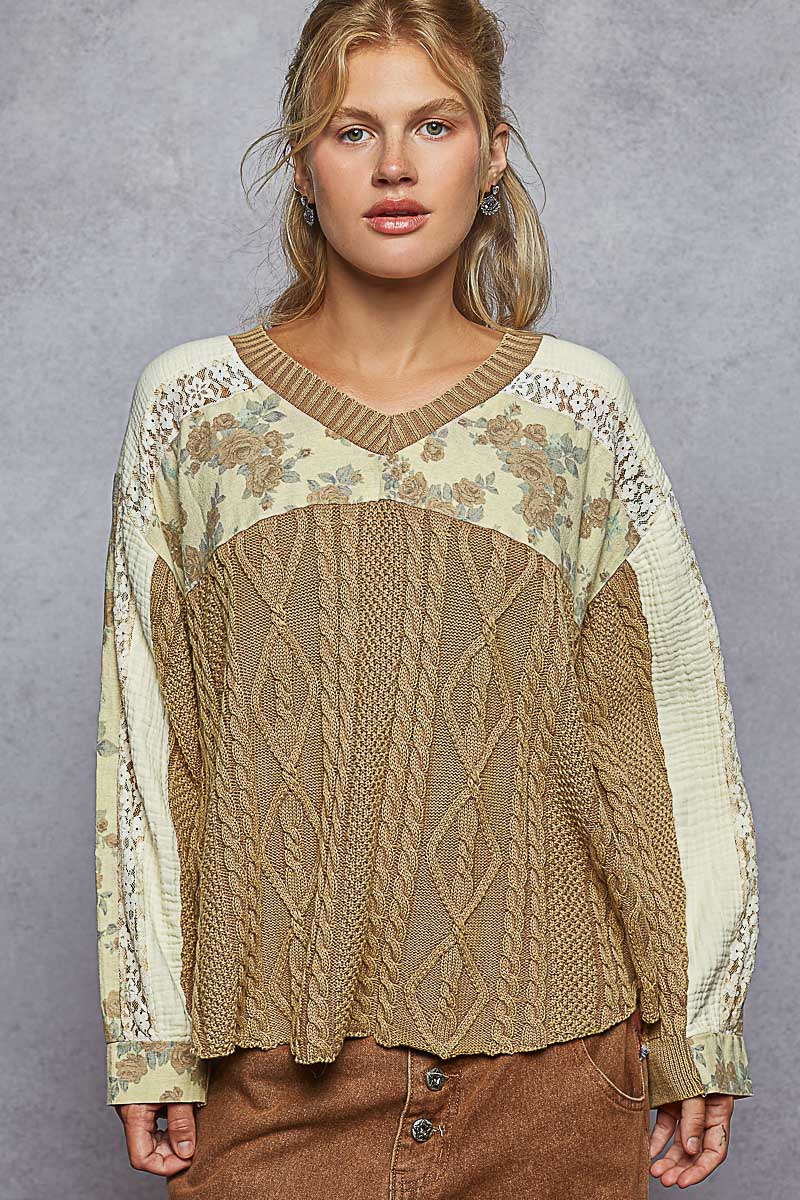 POL Floral Cable Knit Sweater