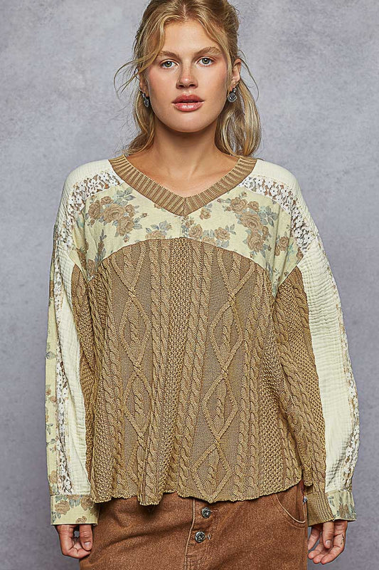 POL Floral Cable Knit Sweater