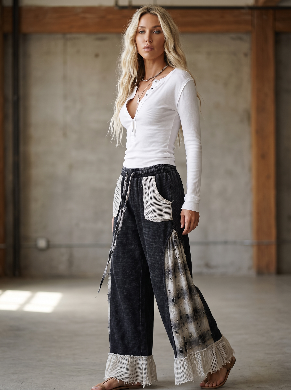 POL Waffle Knit Plaid Wide Leg Pants