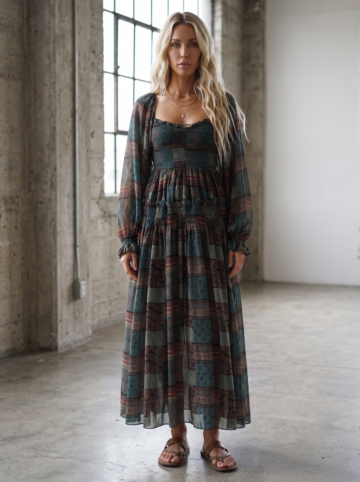 Promesa Patchwork-Print Smocked Maxi Dress