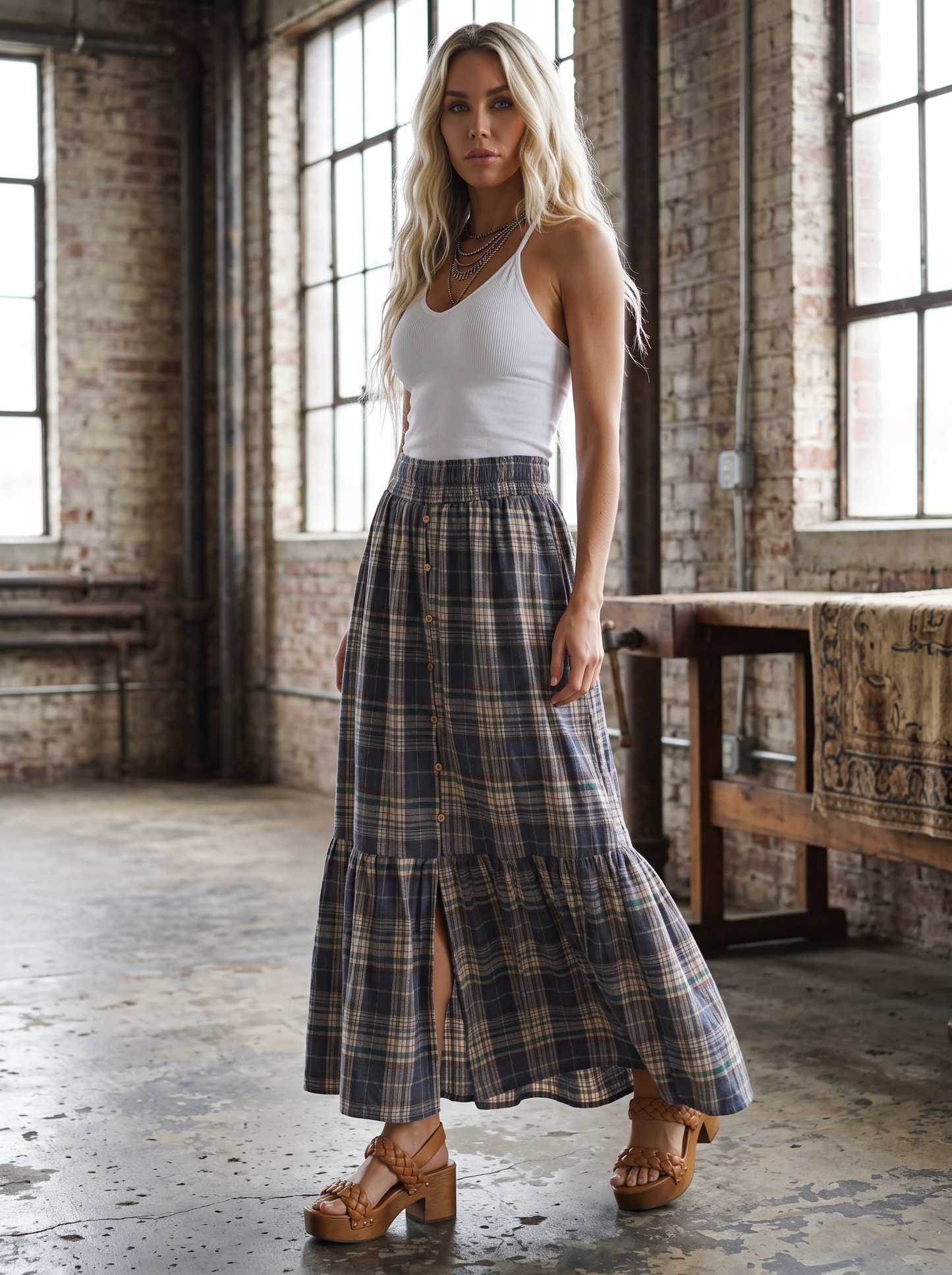 Plaid Button Down Maxi Skirt