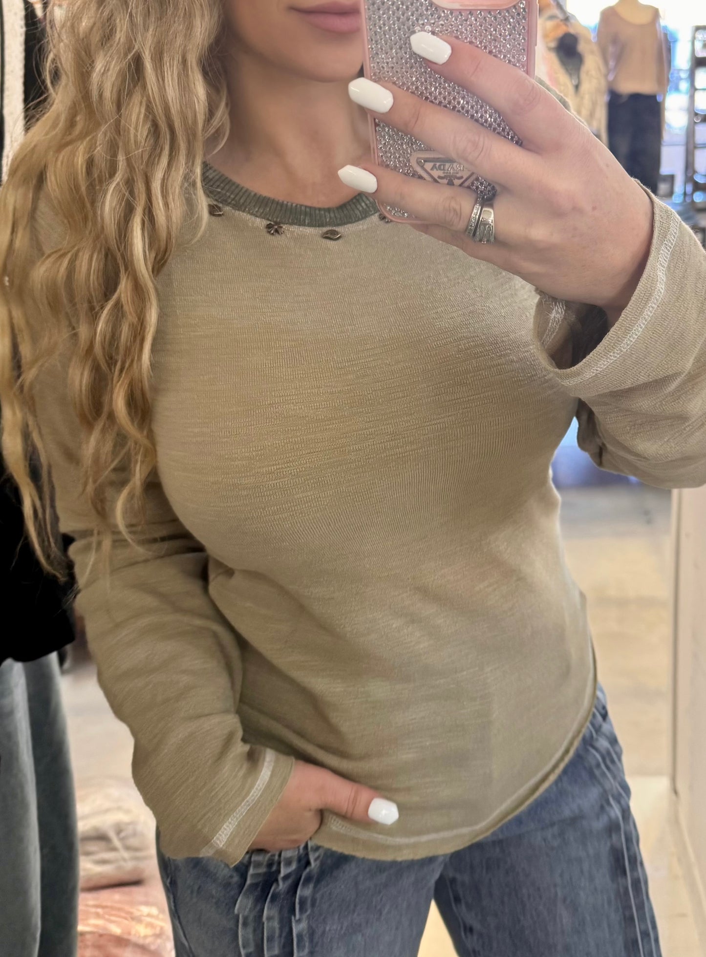 POL Studded Long Sleeve Top