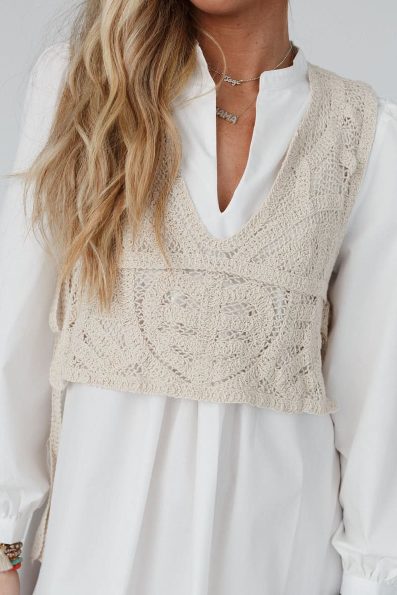 Annie Wear Crochet Vest Notched Long Sleeve Shirt Dress