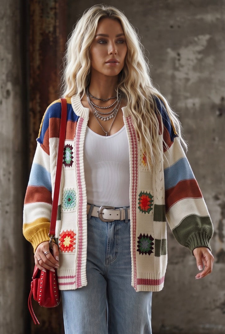 POL Handmade Patchwork Striped Chenille Cardigan
