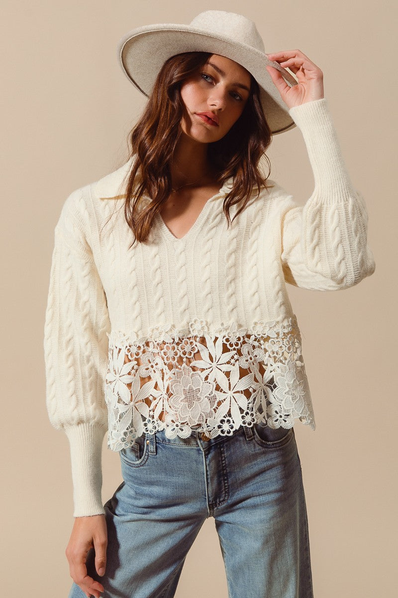 So Me Cable Knit Lace Trim Sweater