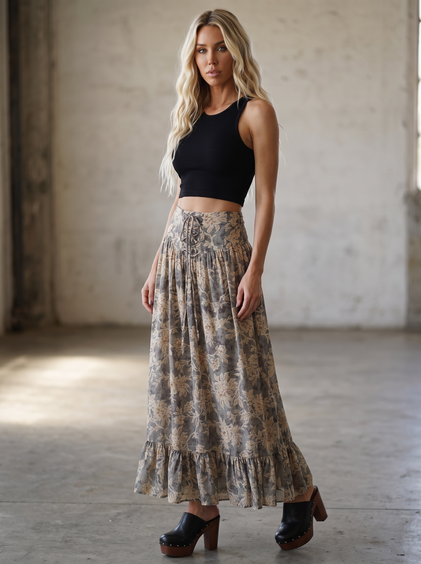 Promesa Floral Lace-Up Maxi Skirt