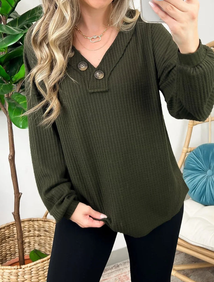 Brushed Waffle V-Neck Button Detail Sweater