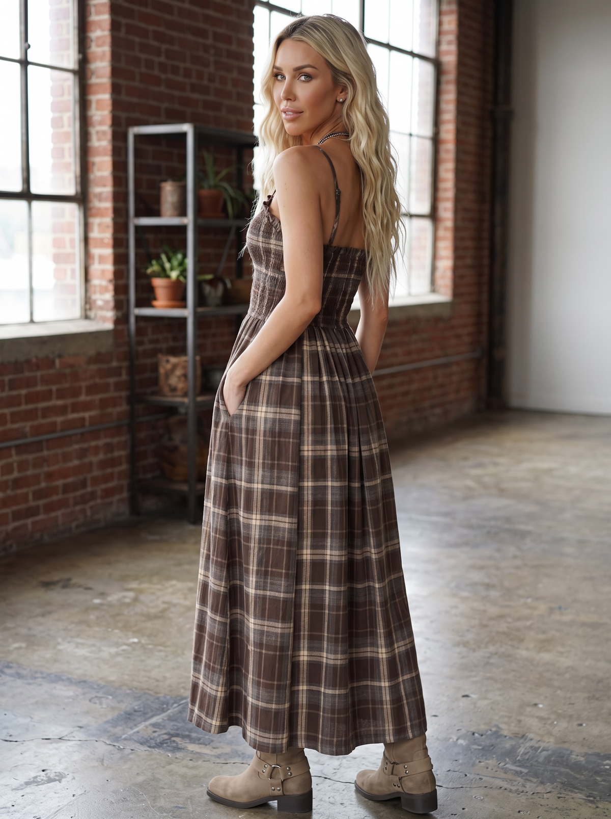 Plaid Smocked Maxi Dress