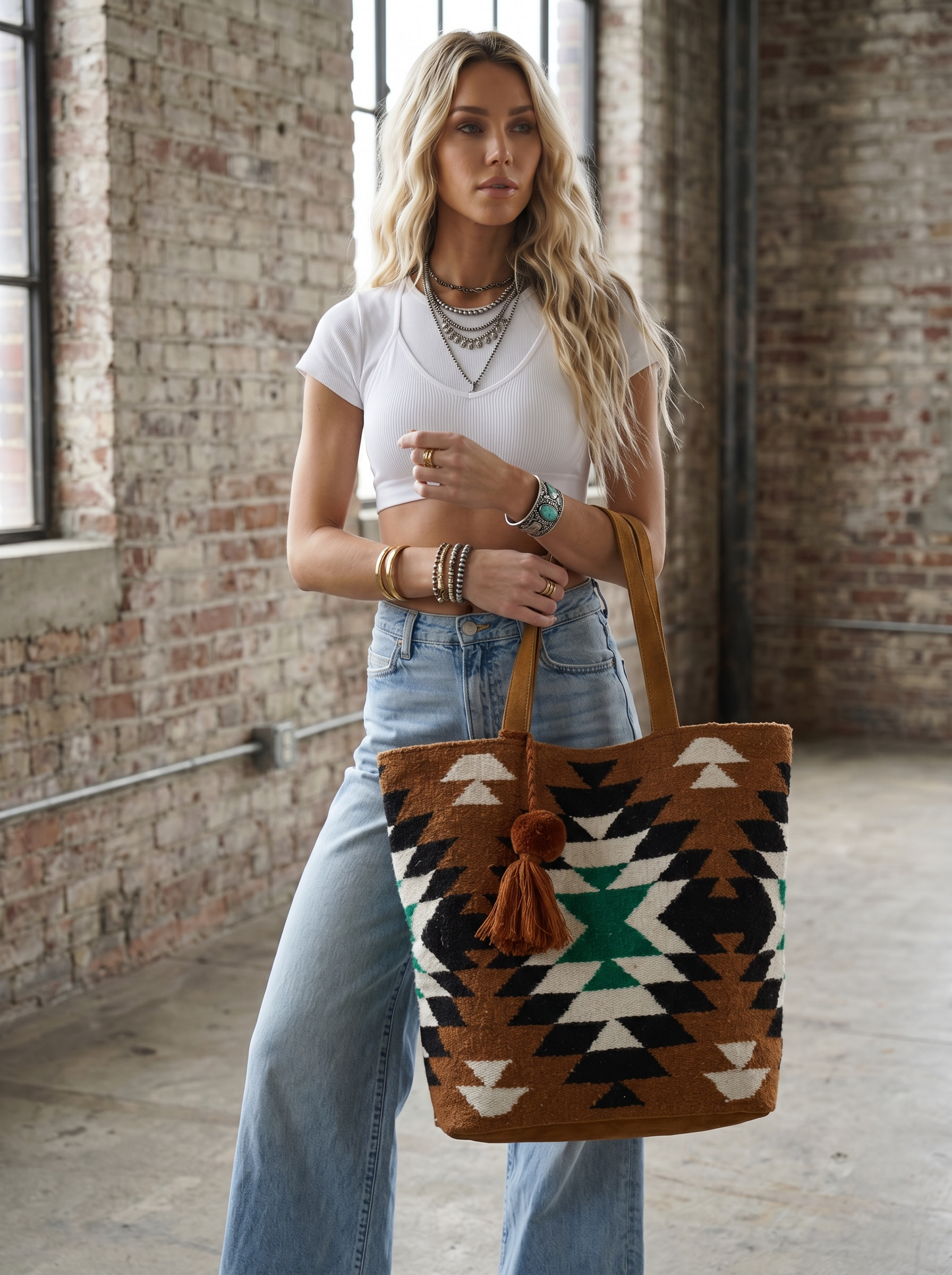 Brown, Black, Green & White Western Tote
