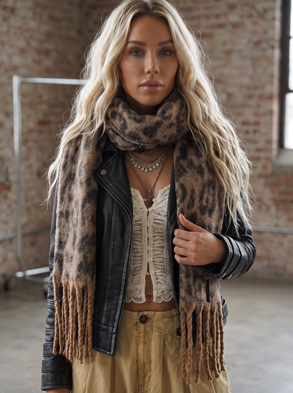 C.C Leopard Print Fringe Scarf