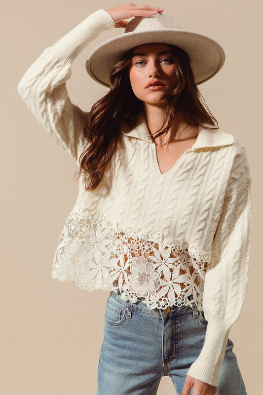 So Me Cable Knit Lace Trim Sweater