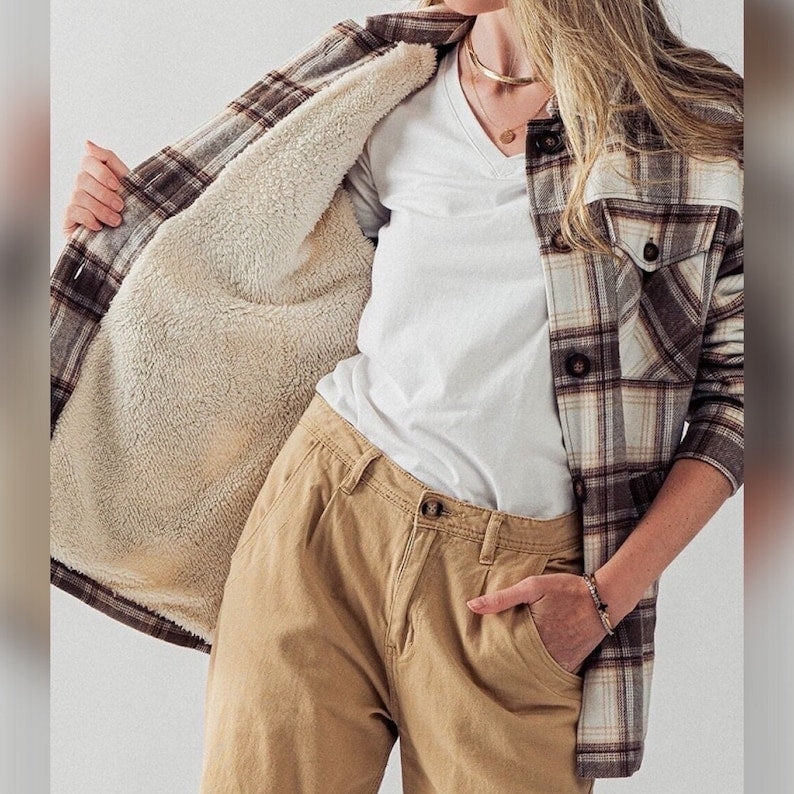 Plaid Button Up Jacket with Sherpa Lining