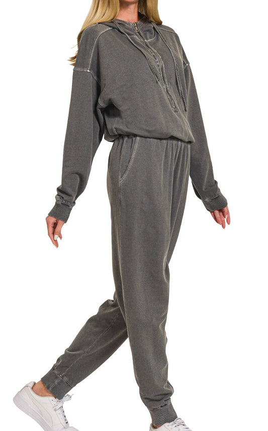 Washed 1/2 Zip Jumpsuit