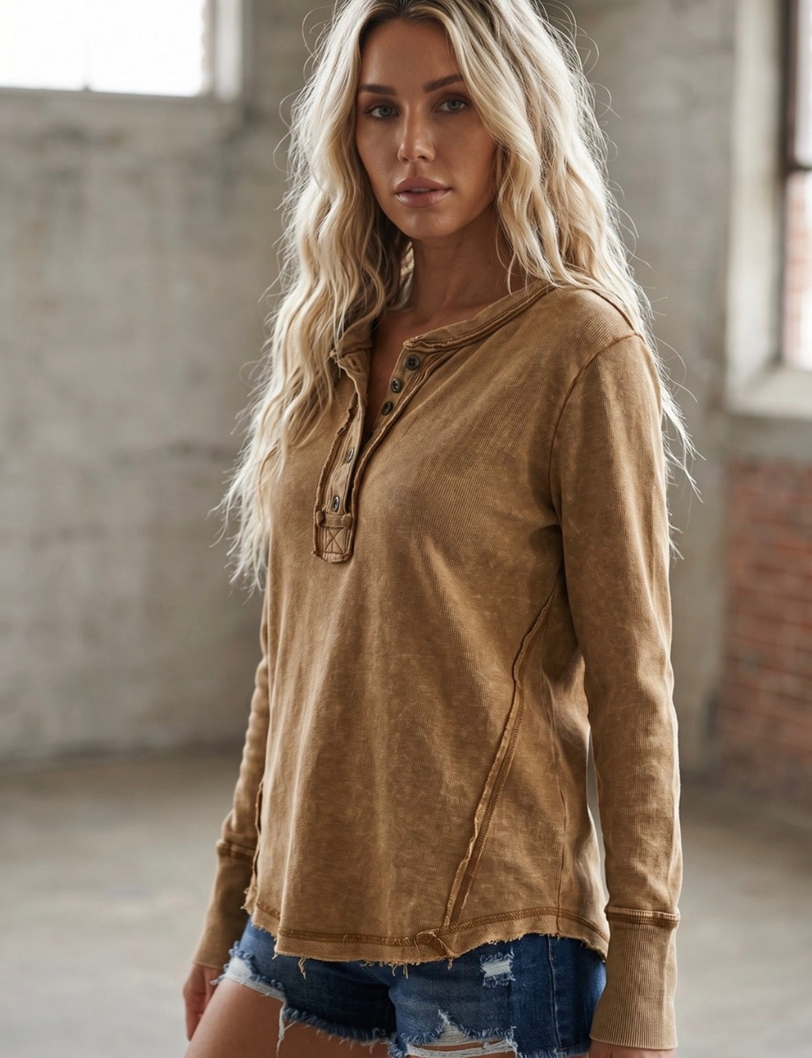 Mixed Button Thumb Hole Top