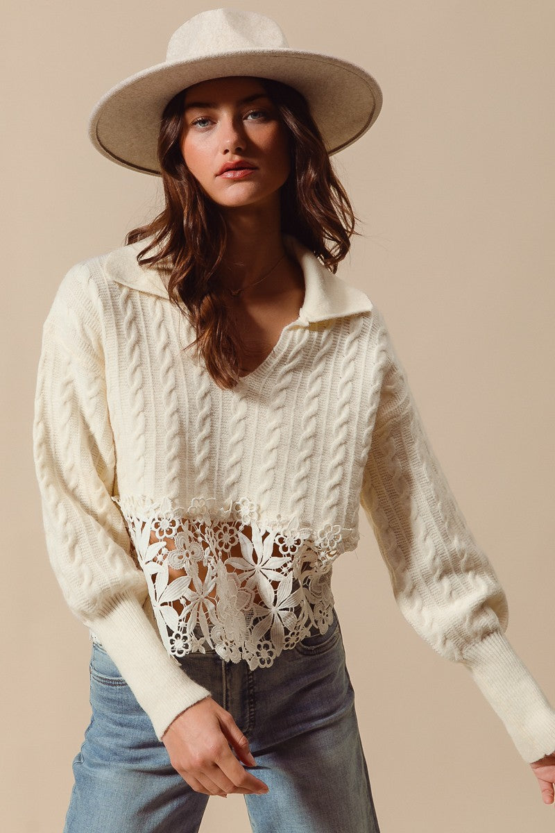 So Me Cable Knit Lace Trim Sweater