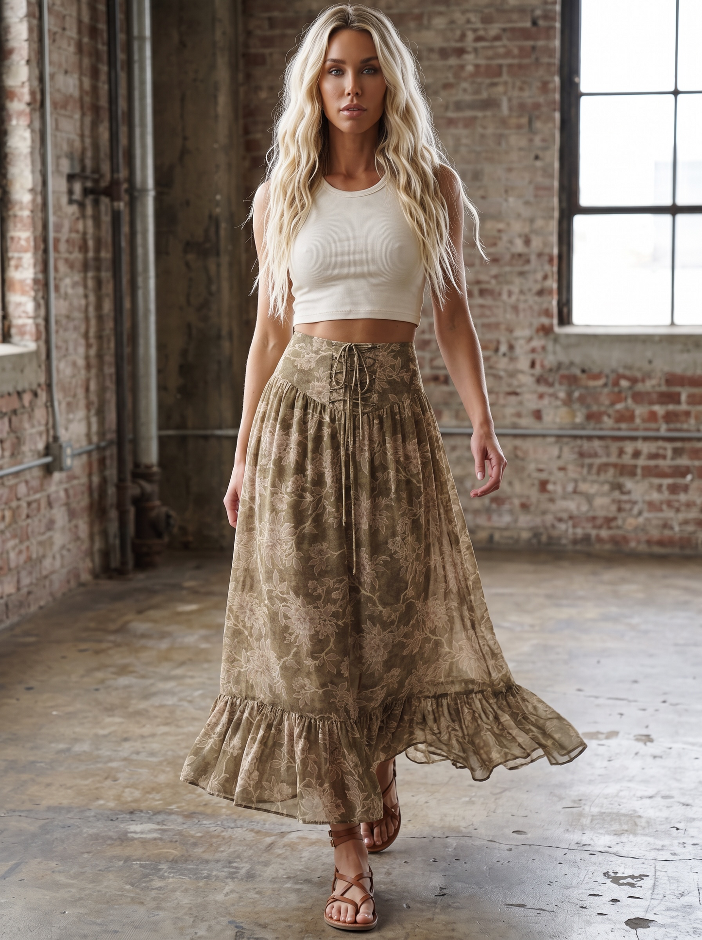 Promesa Floral Lace-Up Maxi Skirt