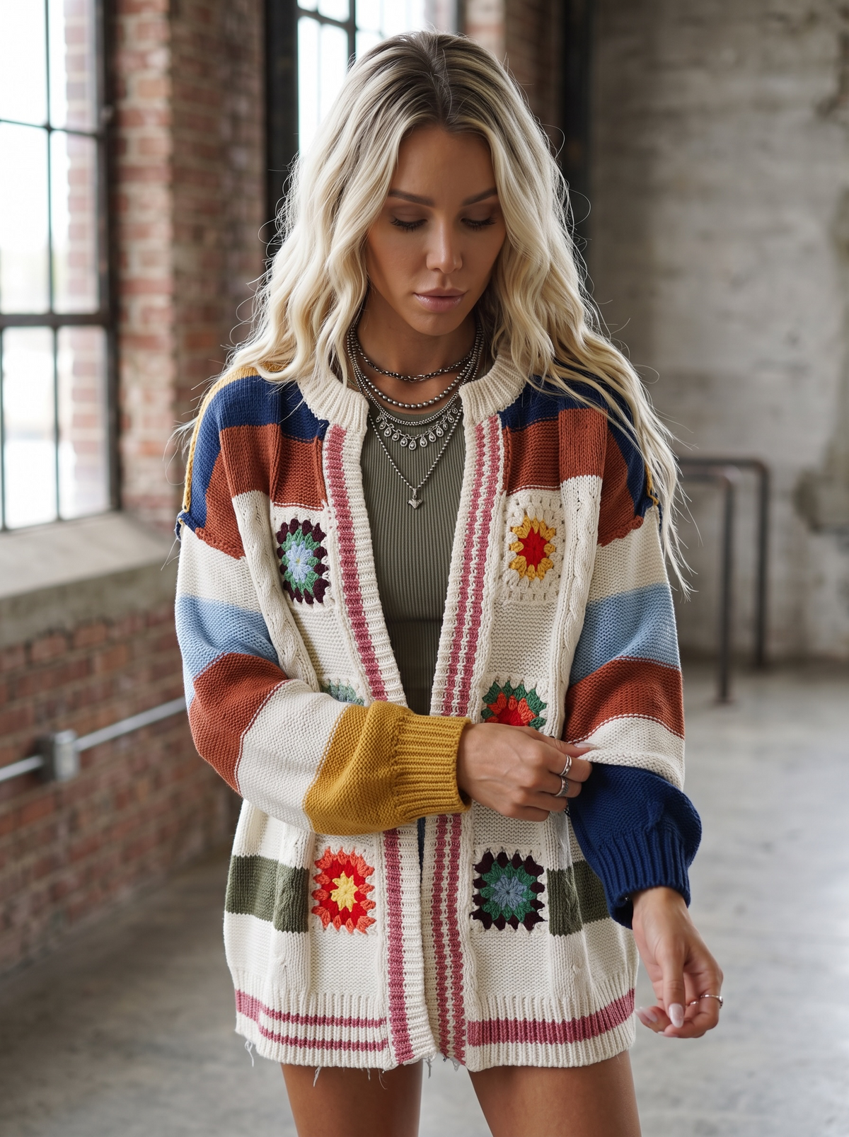 POL Handmade Patchwork Striped Chenille Cardigan