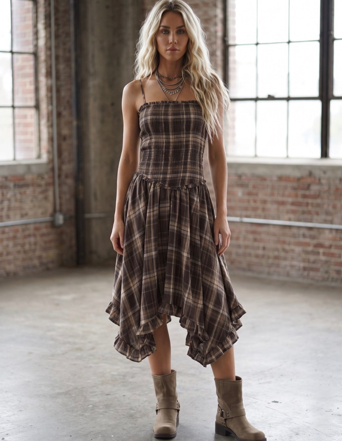 Plaid Smocked Midi Dress