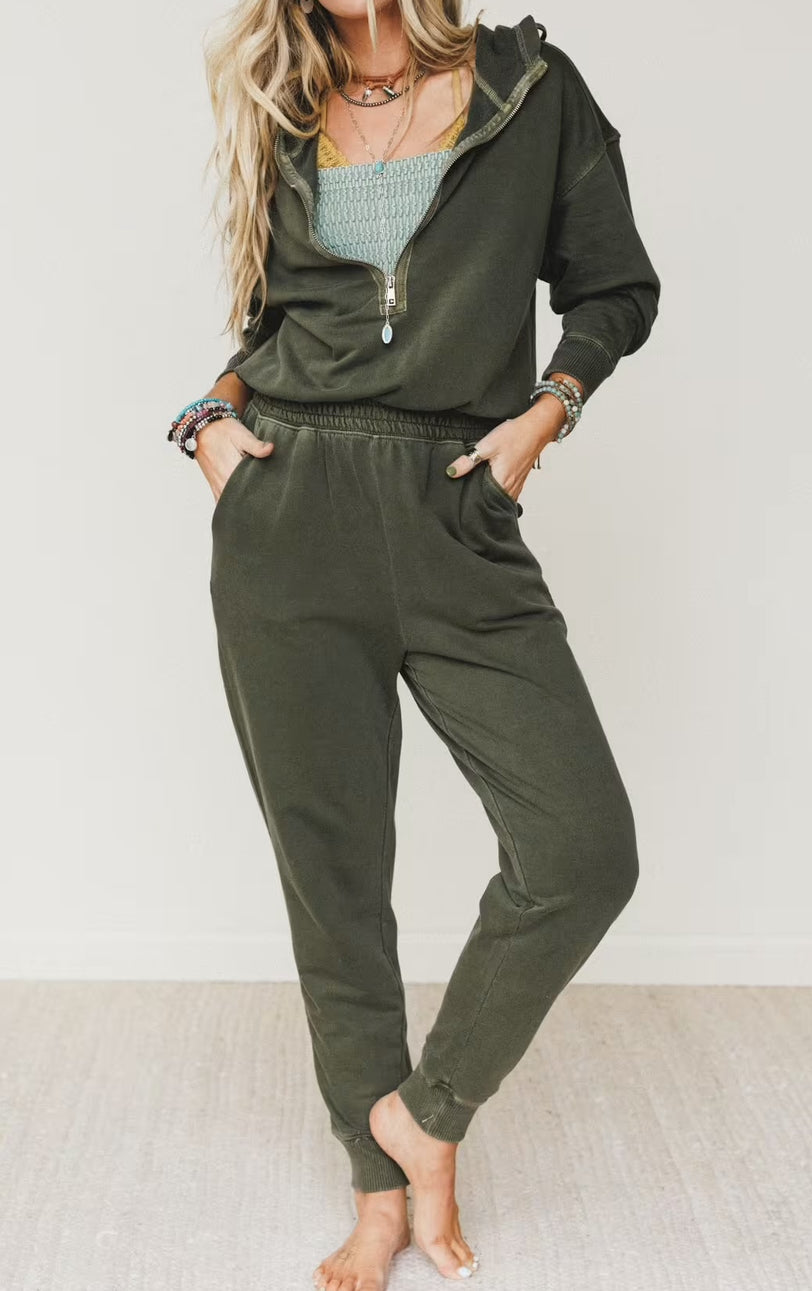 Washed 1/2 Zip Jumpsuit