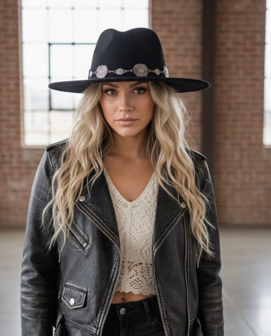 Concho Chain Strap Flat Brim Fedora Fashion Hat