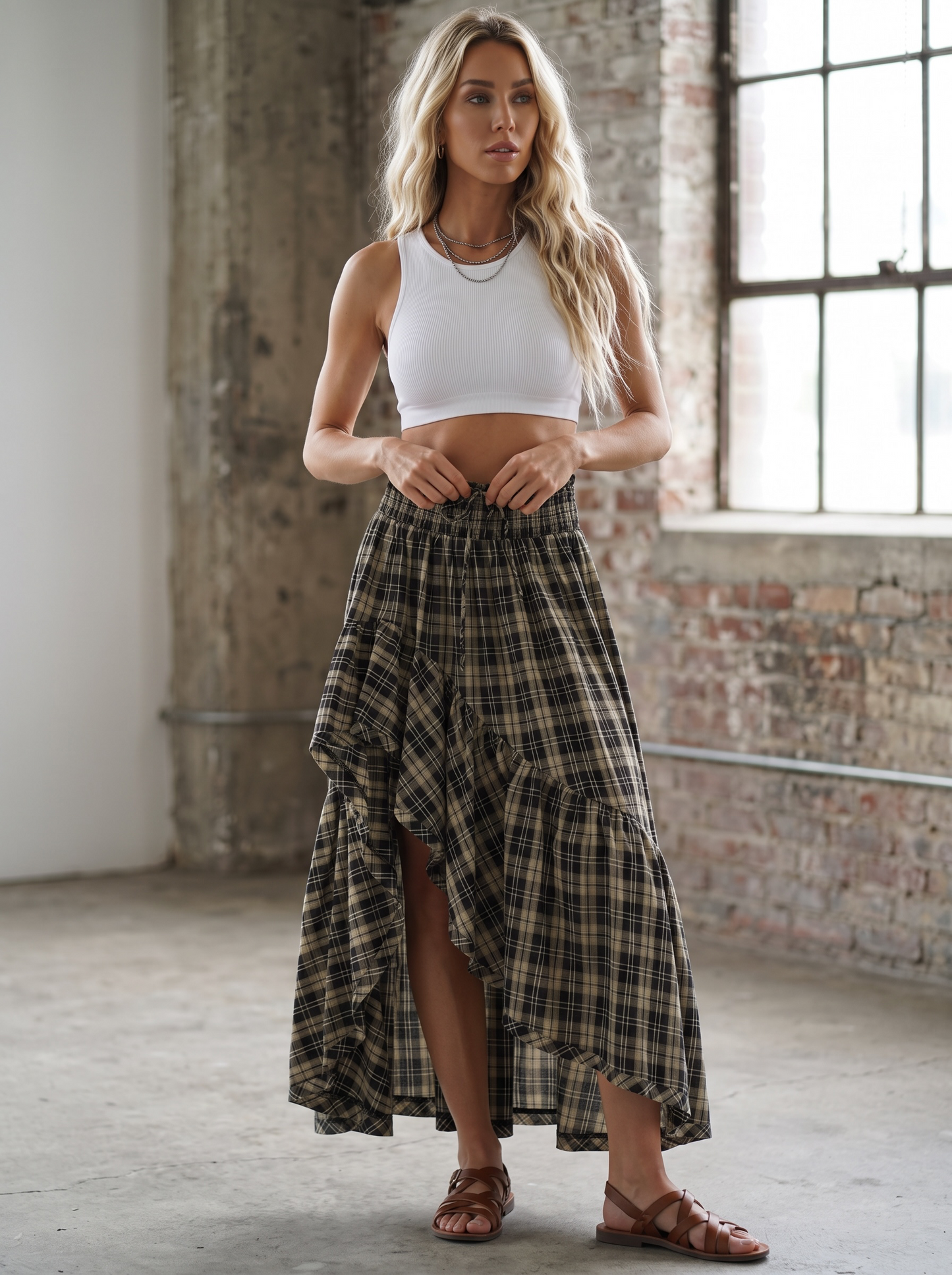 Promesa Plaid Asymmetrical Maxi Skirt