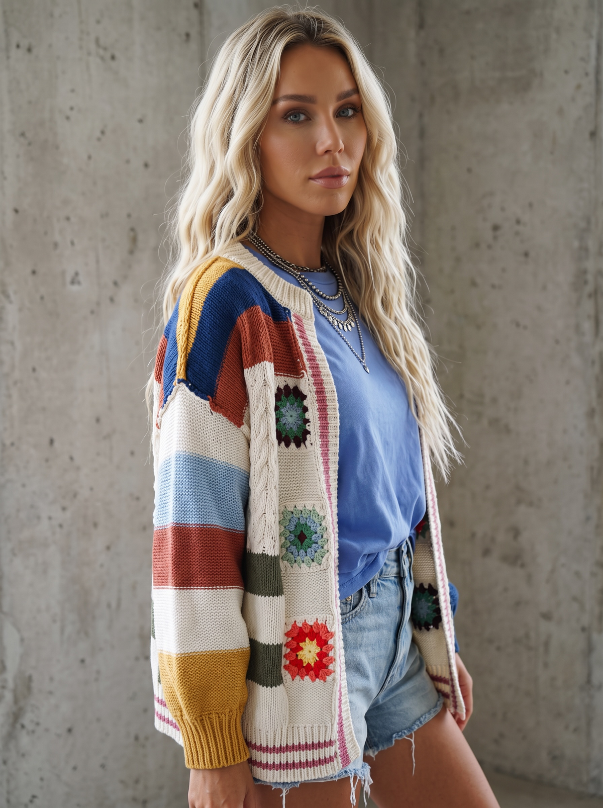 POL Handmade Patchwork Striped Chenille Cardigan