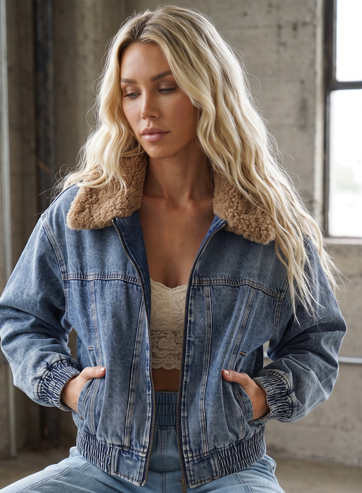 Mitto Shop Faux Fur Denim Bomber Jacket