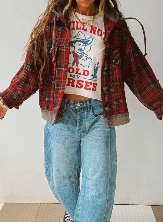 POL Plaid Star Patch Hooded Jacket