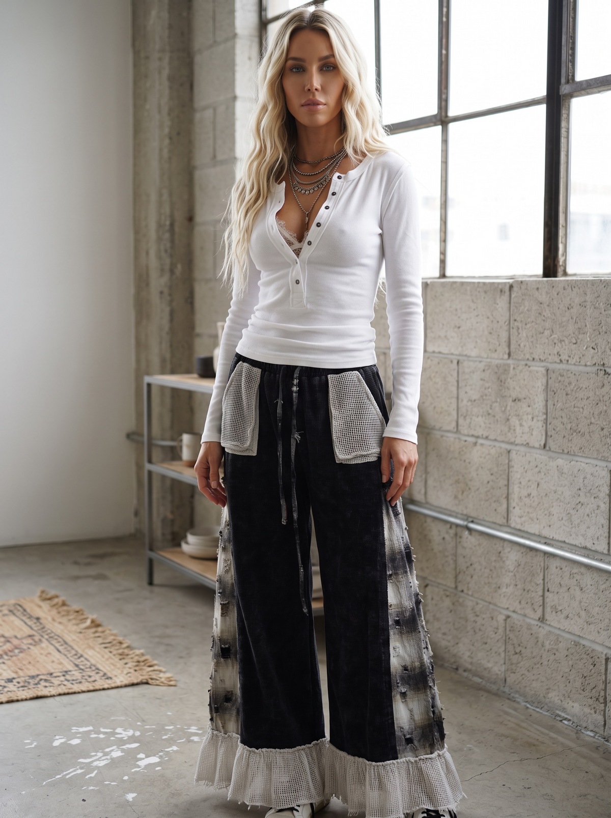 POL Waffle Knit Plaid Wide Leg Pants