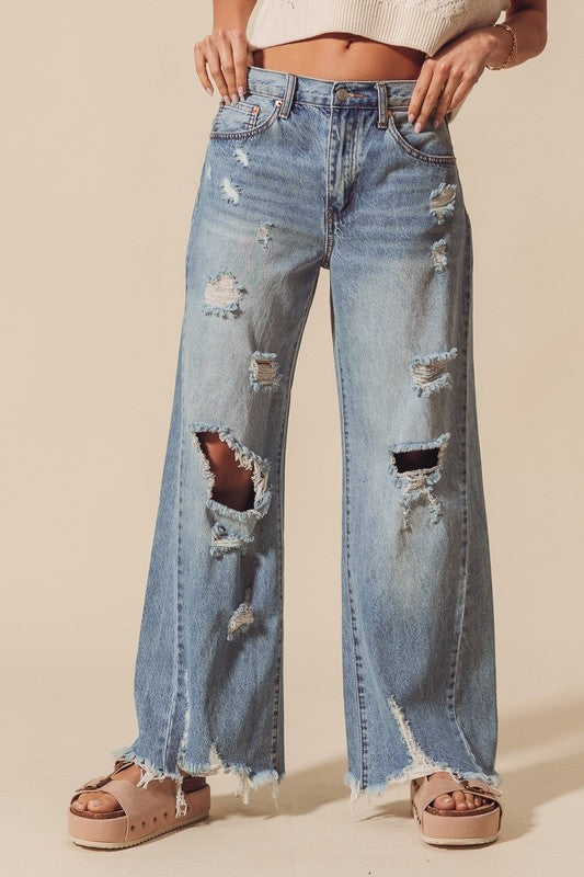 Mid Rise Distressed Wide Leg Jeans