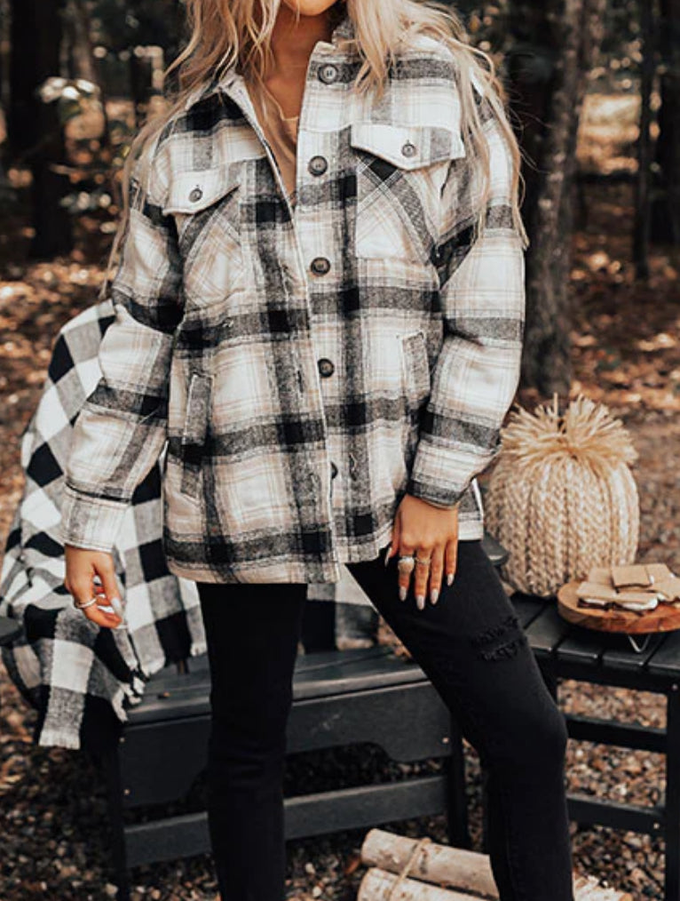 Plaid Button Up Jacket with Sherpa Lining