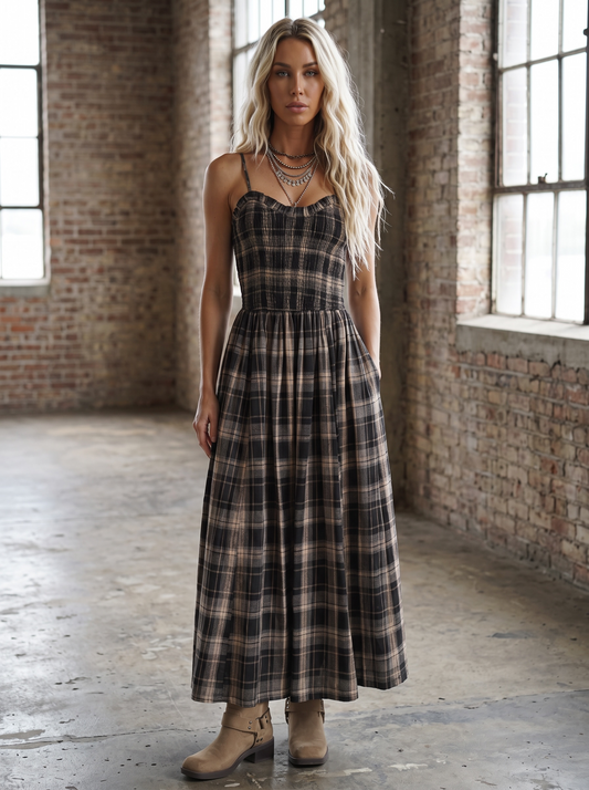 Plaid Smocked Maxi Dress