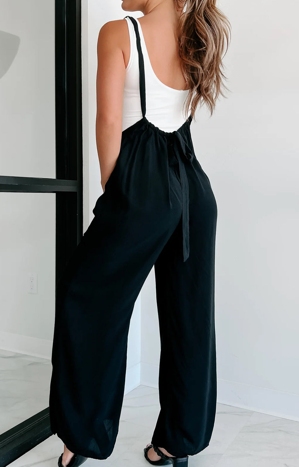 Woven Tie Back Suspender Jumpsuit