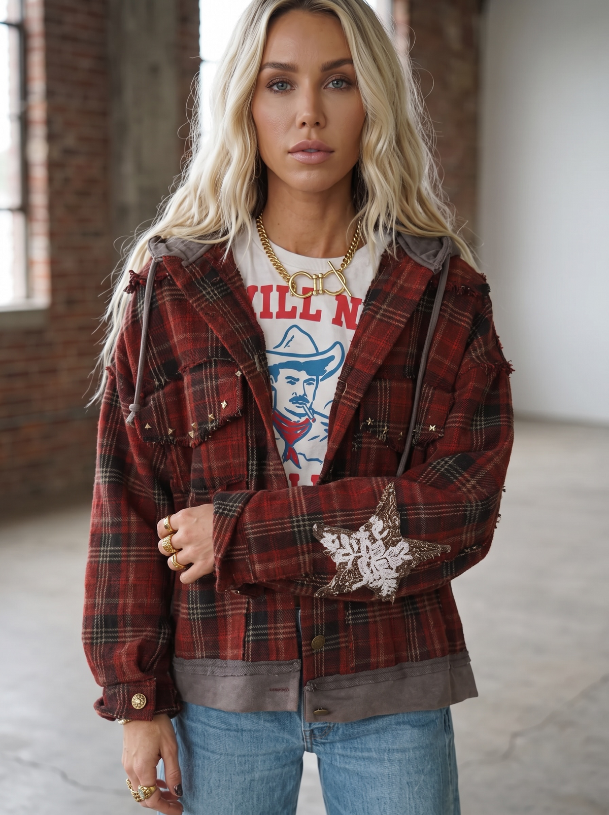 POL Plaid Star Patch Hooded Jacket