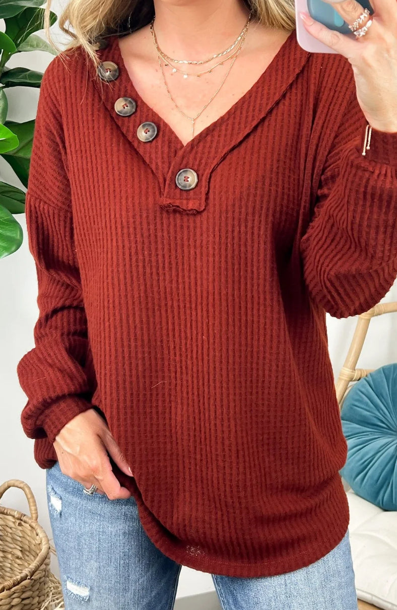 Brushed Waffle V-Neck Button Detail Sweater