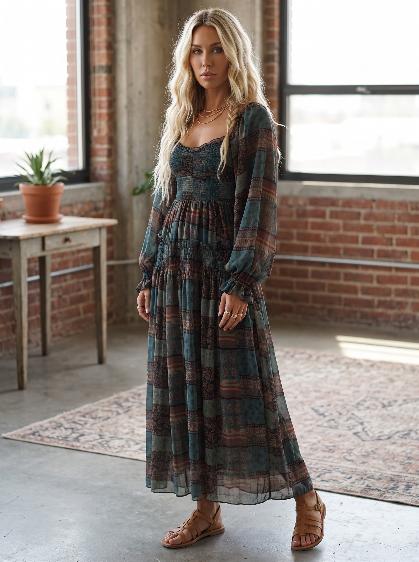 Promesa Patchwork-Print Smocked Maxi Dress