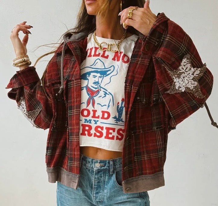 POL Plaid Star Patch Hooded Jacket