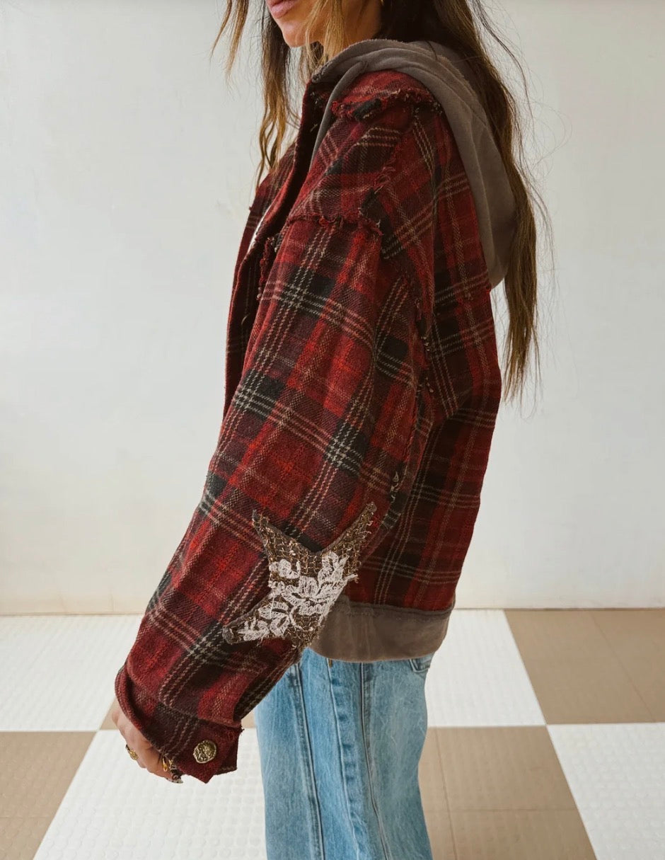 POL Plaid Star Patch Hooded Jacket