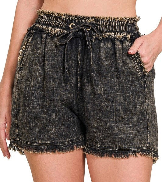 Washed Linen Frayed Hem Shorts