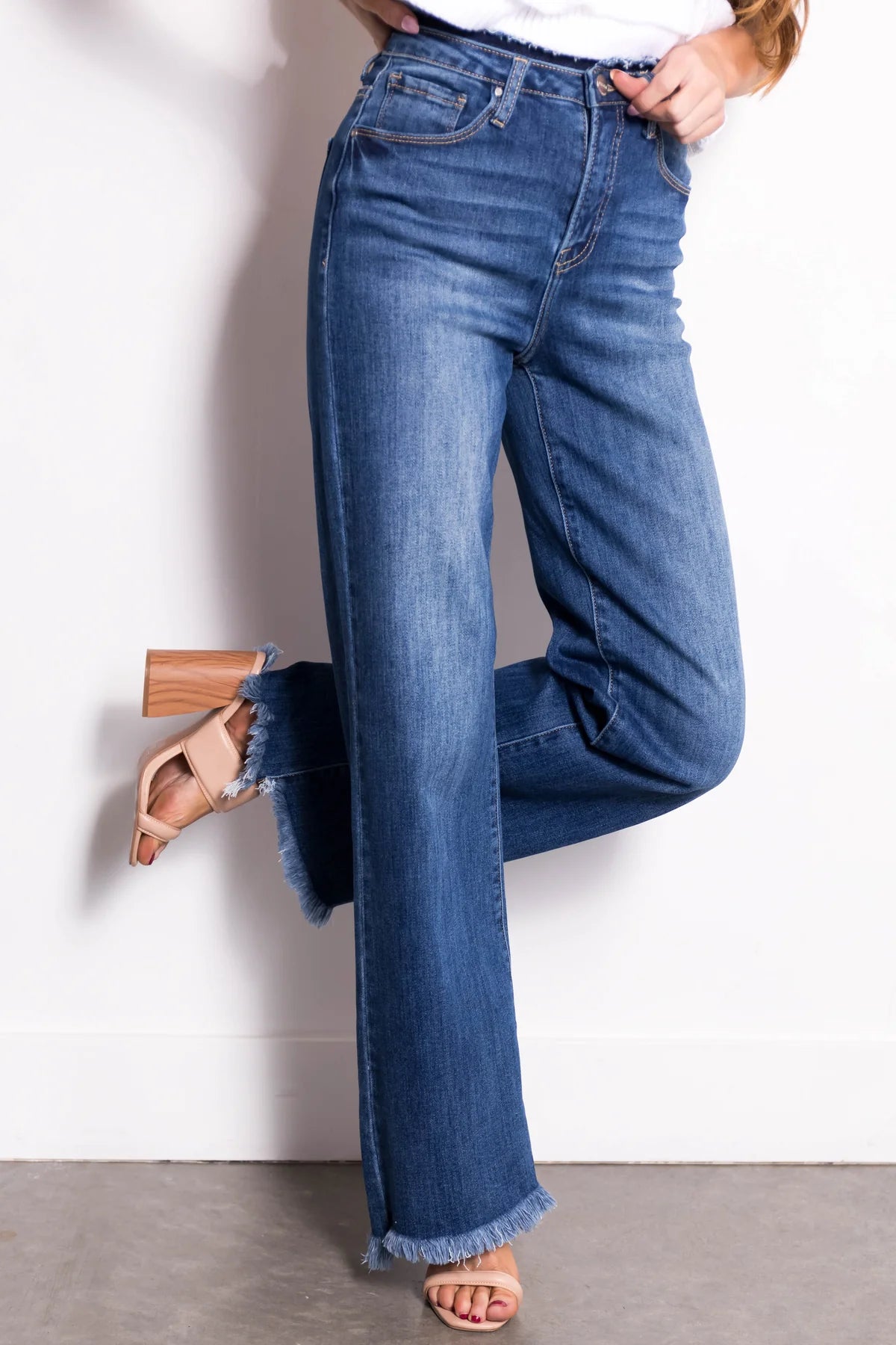 RISEN High Waist Raw Hem Wide Leg Jeans