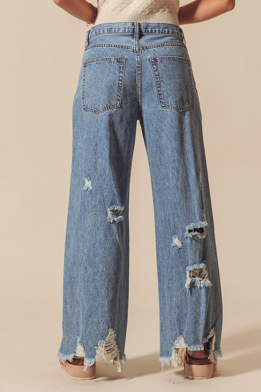 Mid Rise Distressed Wide Leg Jeans