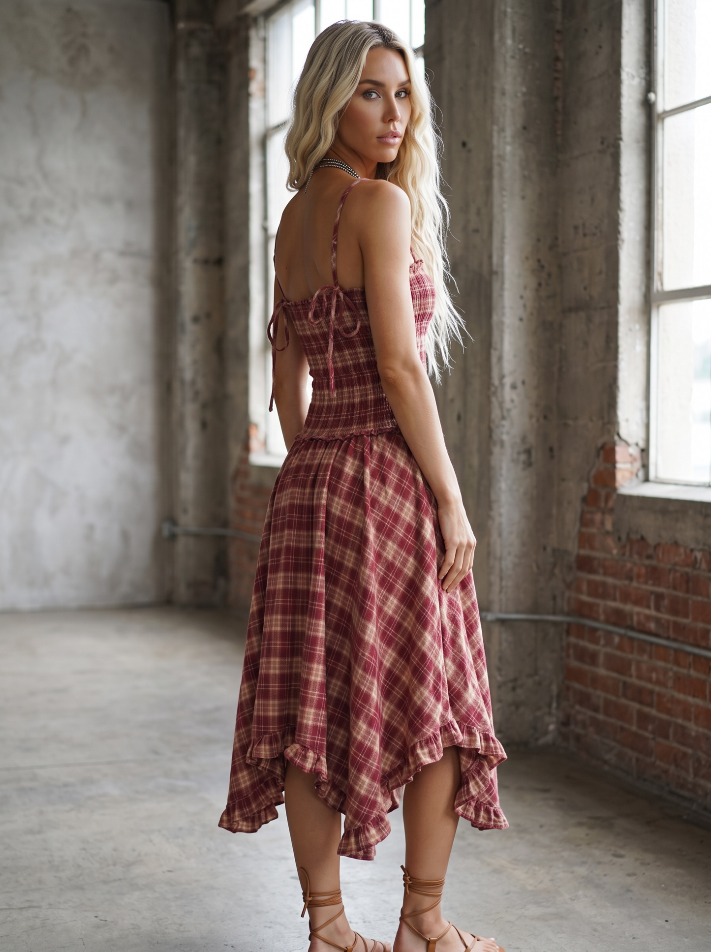 Plaid Smocked Midi Dress