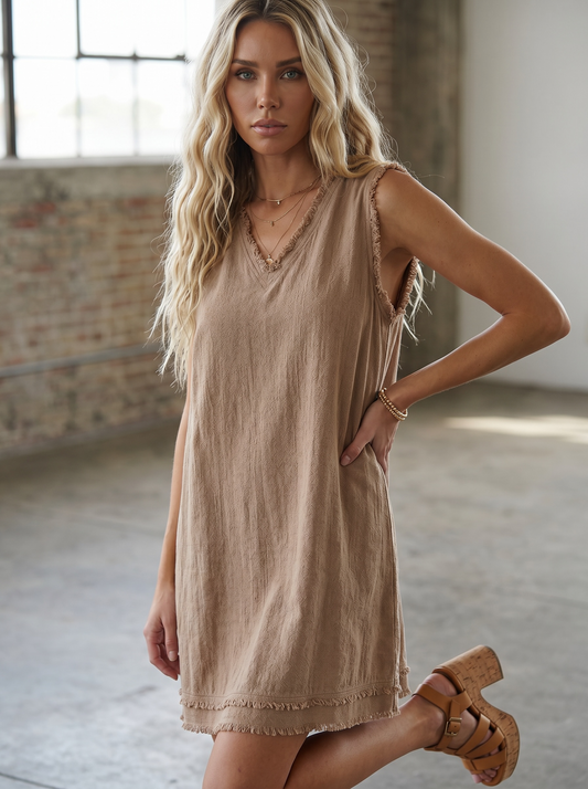 Soft Washed Cut Edge V-neck Frayed Hem Mini Dress