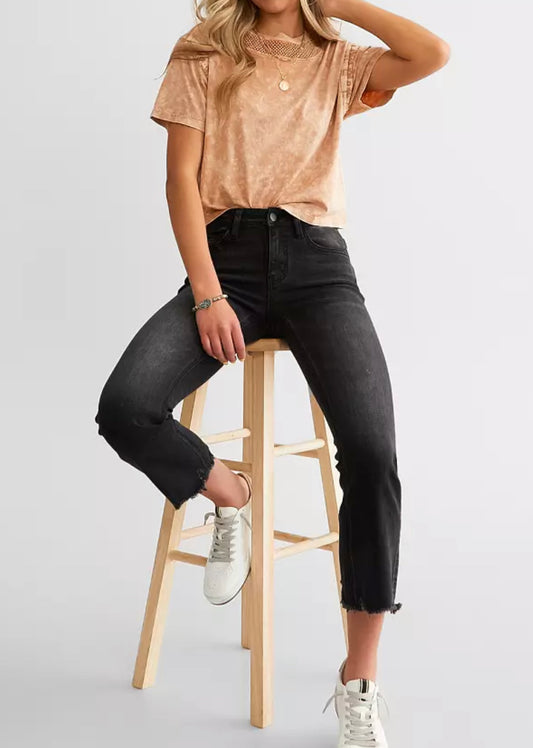 High Rise Straight Crop with Uneven Hem Details