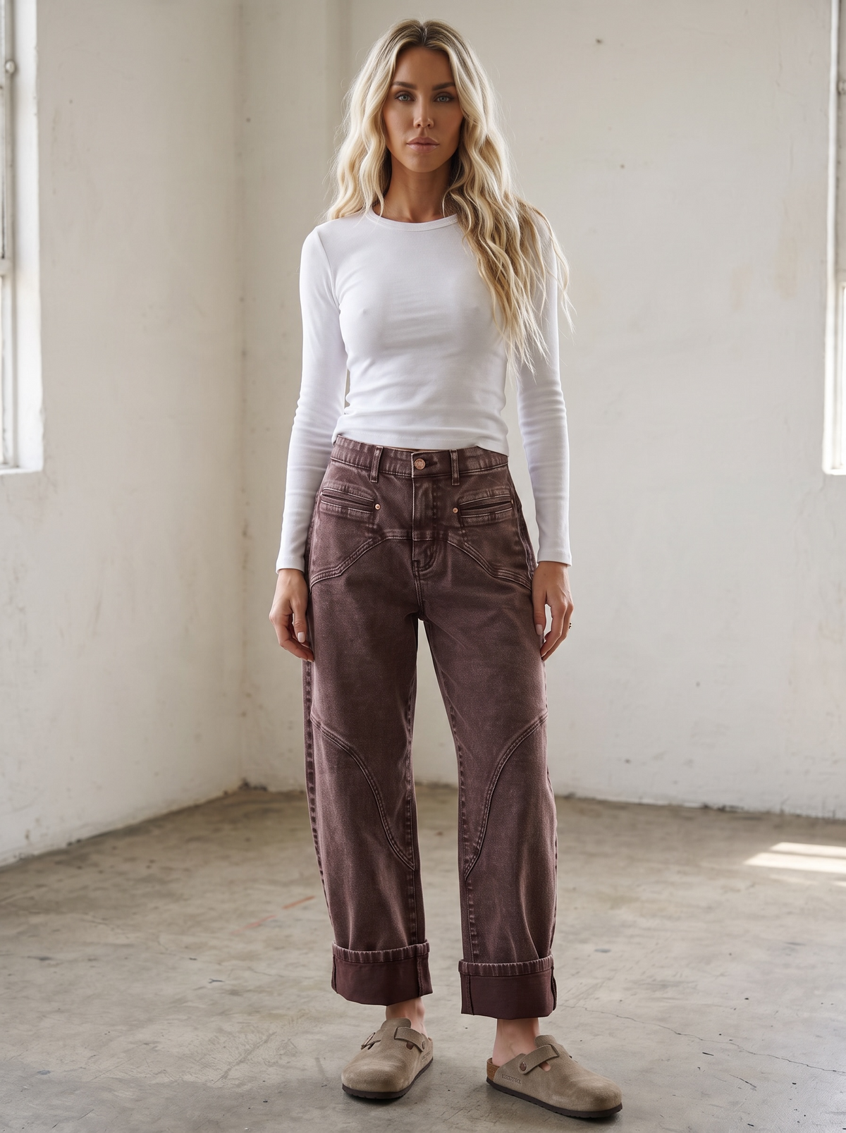 Saige Brown Washed Barrel Jeans