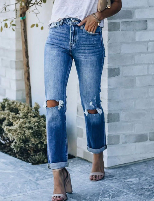 High Rise Hem Detail Slim Straight Jeans