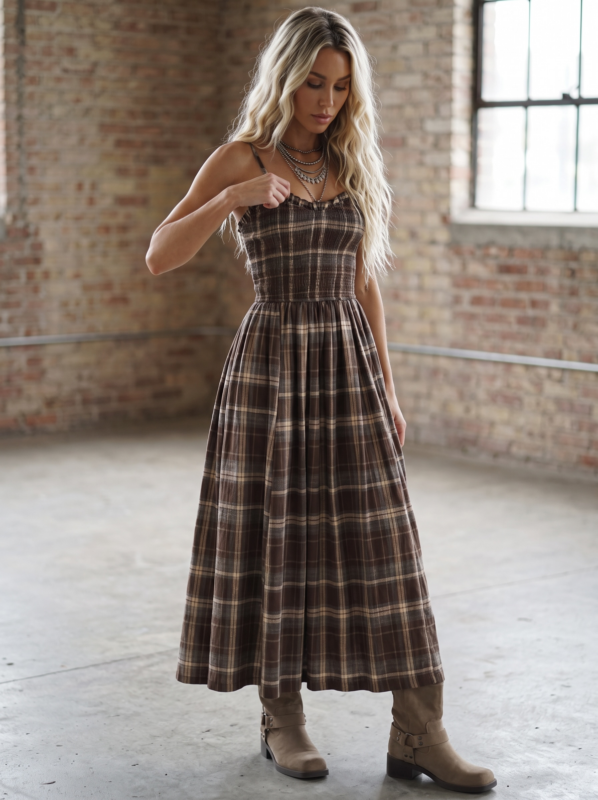 Plaid Smocked Maxi Dress
